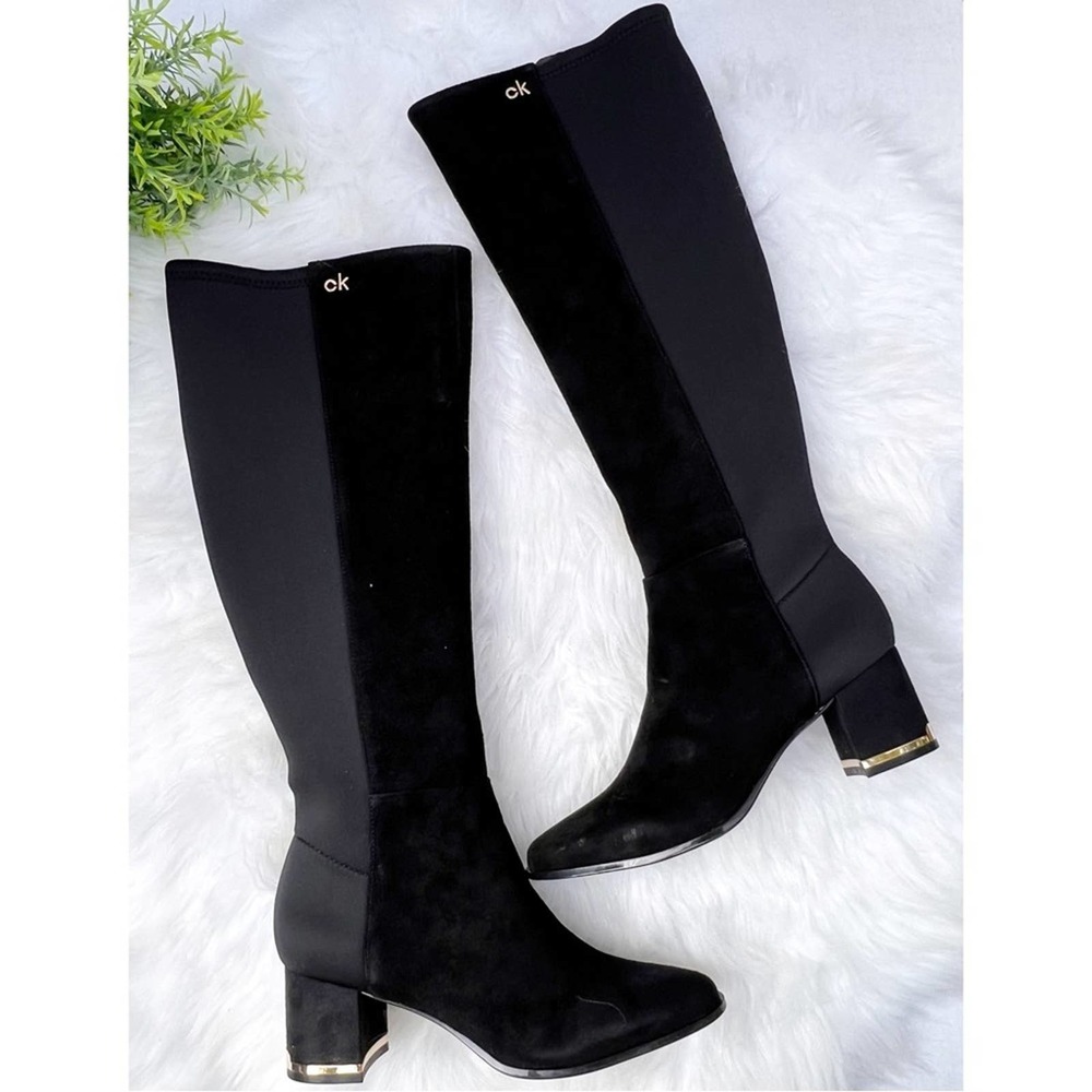 NIB Calvin Klein Womens Freeda Tall Suede Neoprene stretch Boots, BLACK …